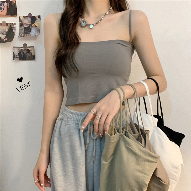 internet celebrity solid color camisole women‘s outerwear top one-piece anti-sagging underwear with chest pad push up tube top