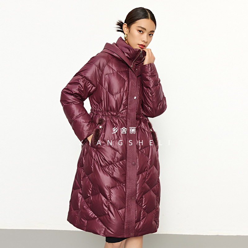 Women's Winter Thin down Jacket Mink Fur Bag Mouth Decorative Temperament Mid-Length down Jacket Dark Drawstring Waist-Tight Brand