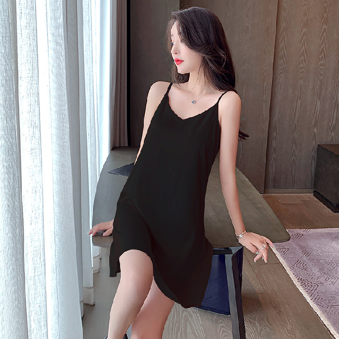 2023 Summer Ice Silk Women's Nightdress Summer Thin Sexy Suspenders Pajamas Pure Desire V-neck with Chest Pad Home Skirt