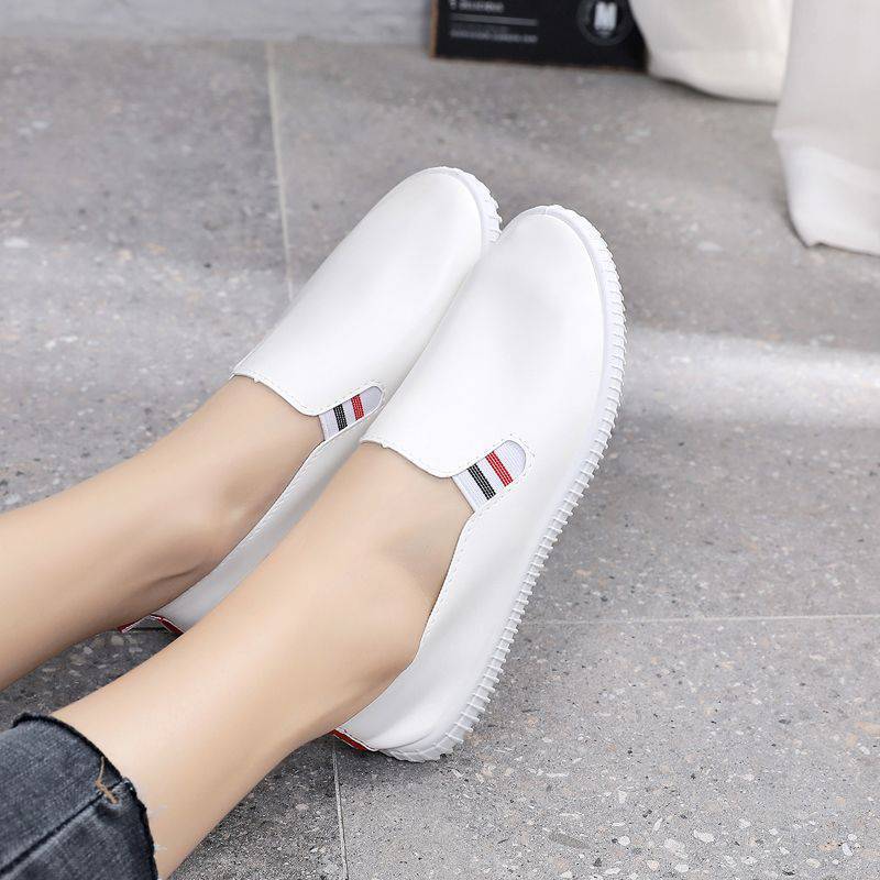 护士鞋春秋一脚蹬休闲豆豆鞋单鞋皮面小白鞋网红女平底鞋-阿里巴巴