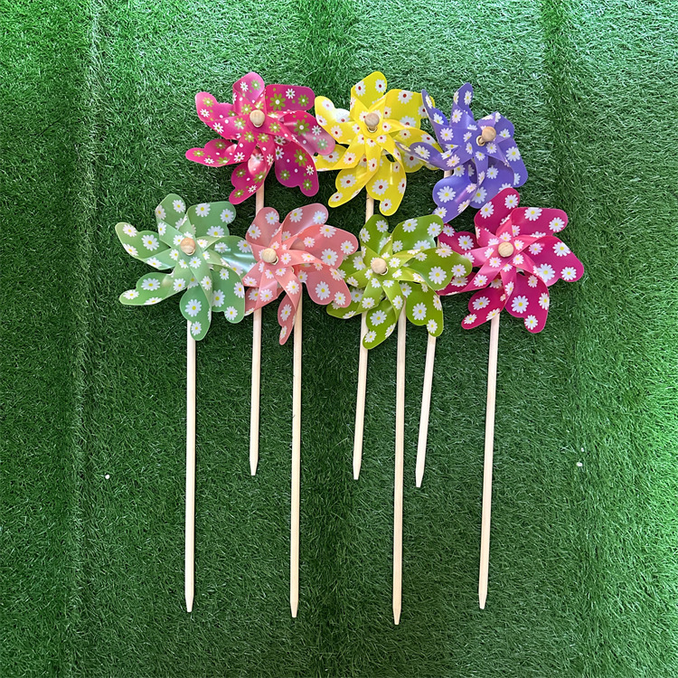 New Factory Direct Sales 18cm Printed Chrysanthemum Wooden Pole Windmill Hand Printed Toy Decoration Activity Little Windmill