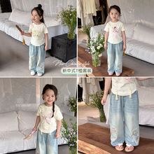 女童夏季国风套装新款新中式中小童短袖T恤牛仔裤儿童唐装两件套