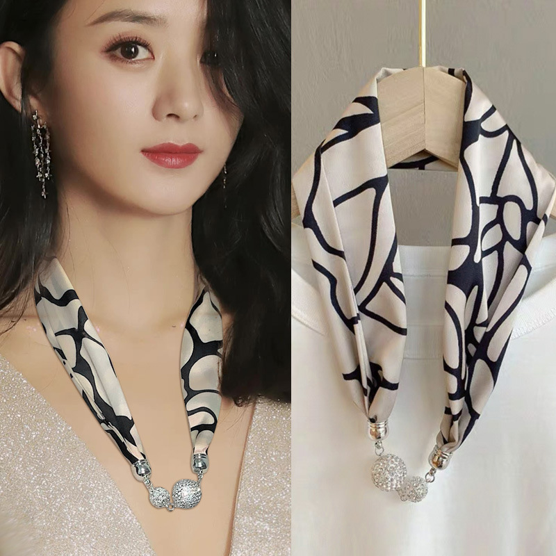 Necklace Chain Magnetic Buckle Silk Scarf for Women Spring Autumn Summer 2023 New Fashion Neck Protection Decorative Neck Scarf Small Scarf