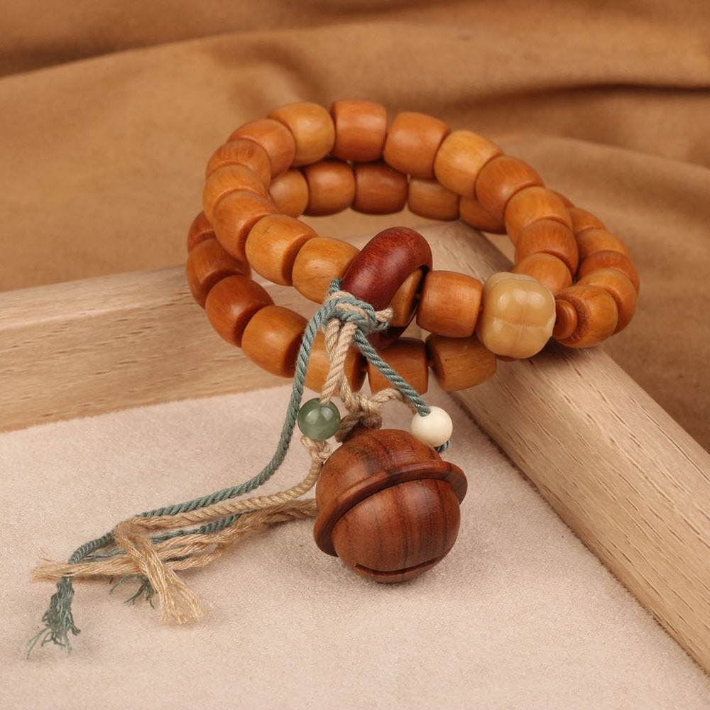 高档小众复古印尼檀木跑环手持双圈手串民族风简约铃铛手链男女款
