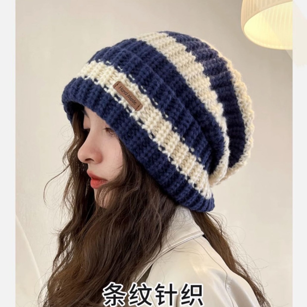 条纹字母宽松大头围毛线帽子女秋冬天保暖护耳百搭针织帽堆堆帽男