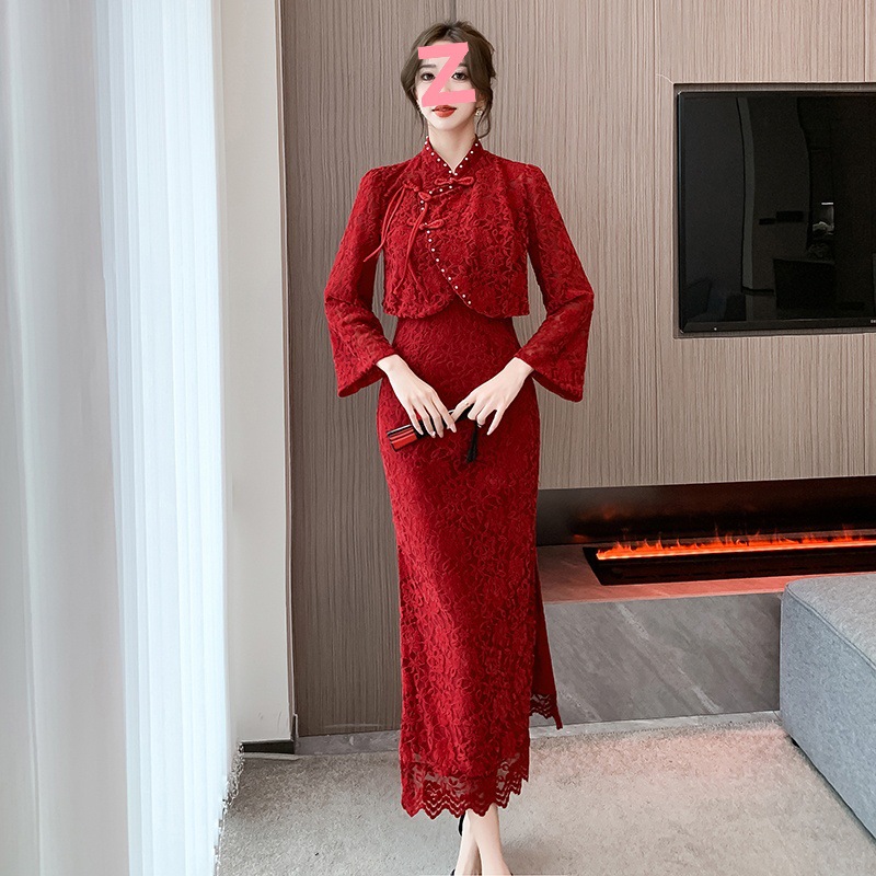 敬酒服新娘旗袍酒红色小个子订婚礼服连衣裙中式改良结婚长袖冬季