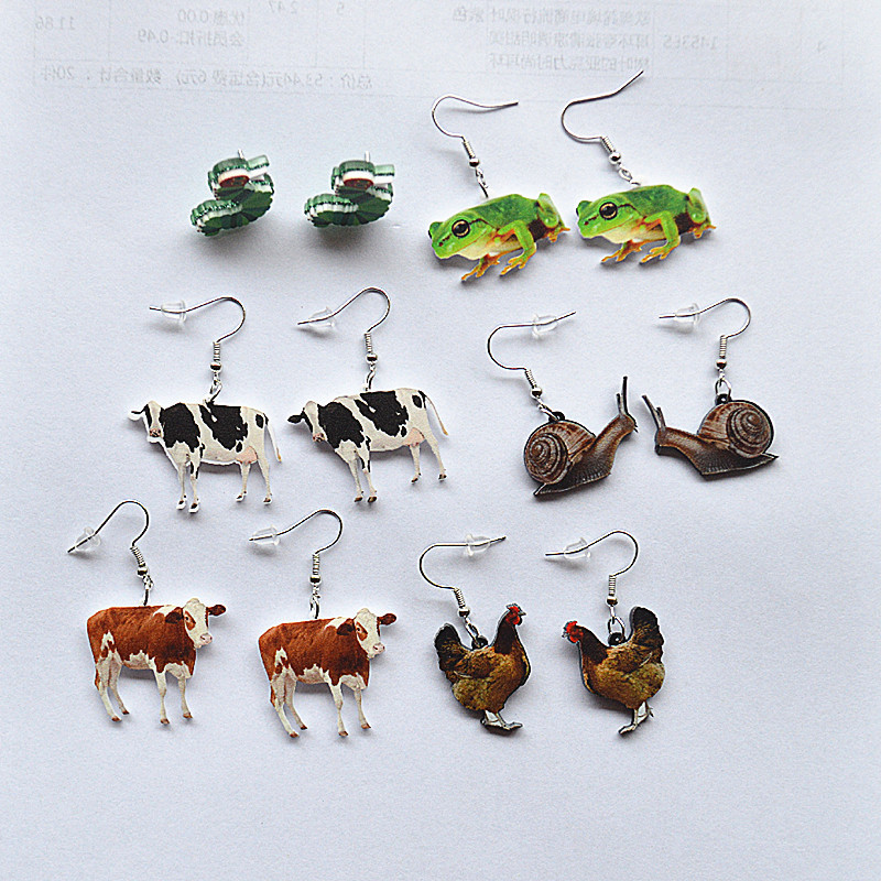 europe and america cross border creative simulation animal earrings eccentric personality acrylic printing hen cow simple earrings women