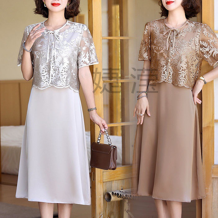 j昅2妈妈夏装连衣裙两件套洋气显瘦中老年女装夏季新款蕾丝小衫套