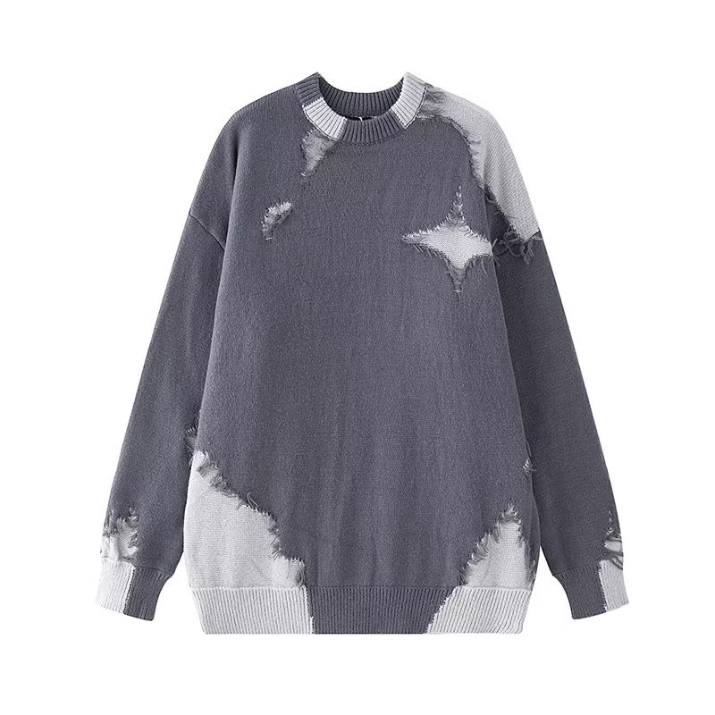 欧美高街设计感十字星破洞针织衫男潮牌宽松情侣休闲帅气套头毛衣