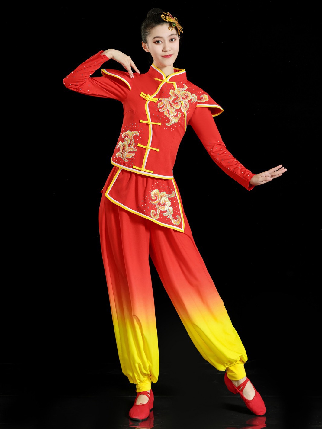 打鼓服新款腰鼓服喜庆演出服大鼓比赛女套装红色中国风民族风现代