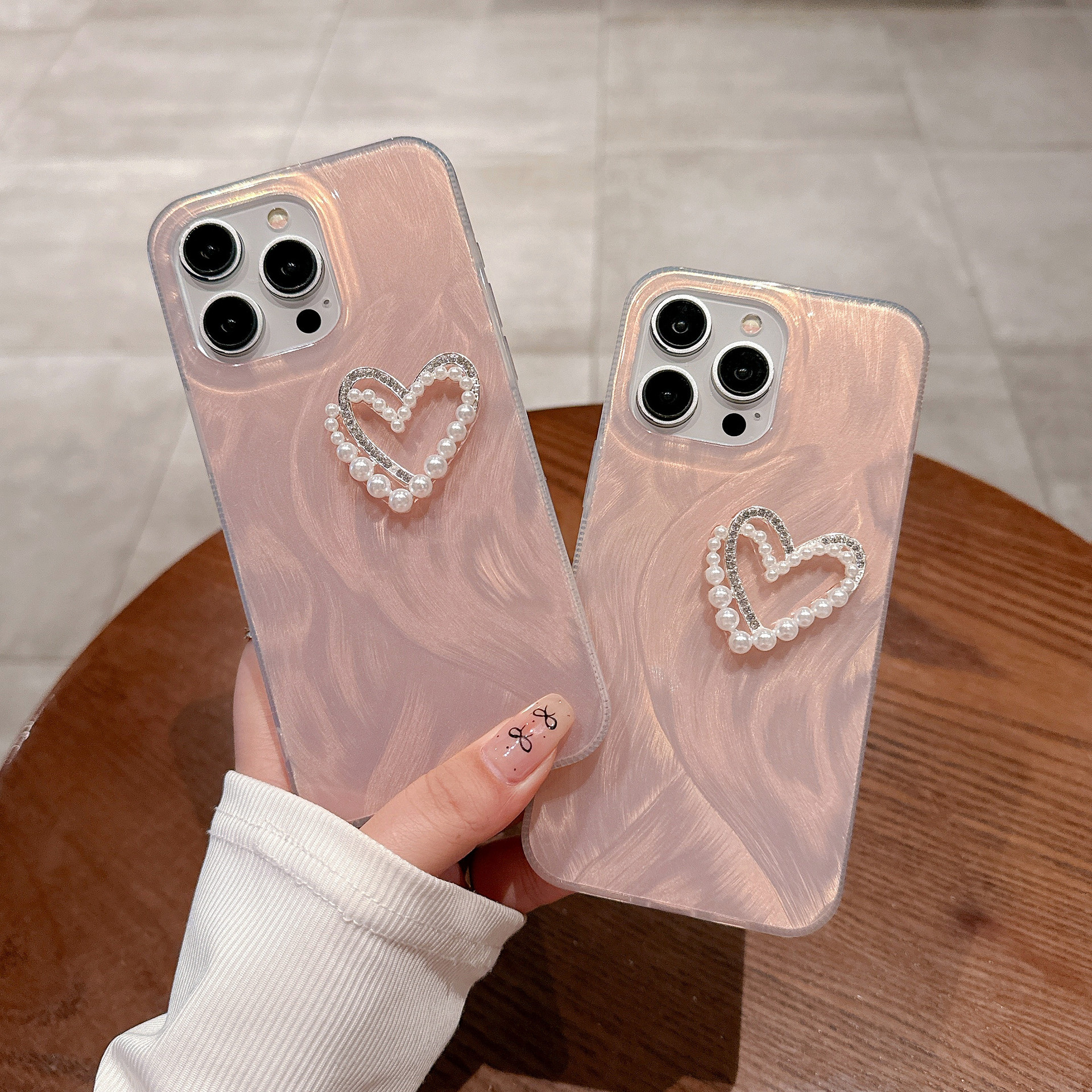 香槟色羽纱珍珠双爱心适用iphone15promax手机壳14高级13少女12女