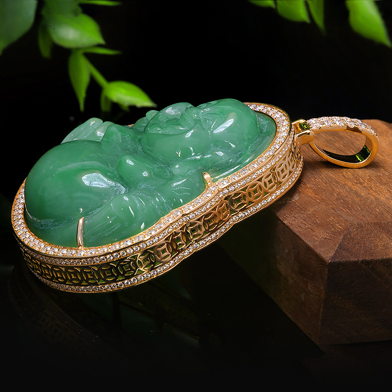 客户定制玉佛金边框吊坠 金边镶嵌莫桑石 加工定制