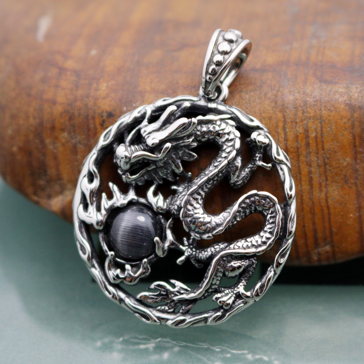 新产品中国风复古316不锈钢霸气龙图腾神龙戏珠吊坠项坠项链