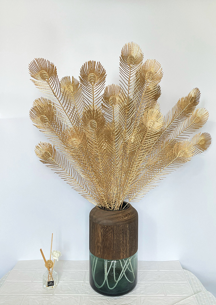 单支5叉金色孔雀草高枝雀尾凤尾草仿真绿植塑料草婚庆装饰草跨境