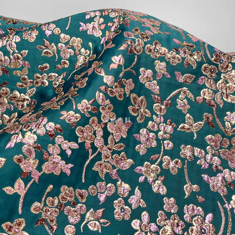 光泽微廓 孔雀绿织金古典花朵提花面料古装汉服旗袍春秋服装布料