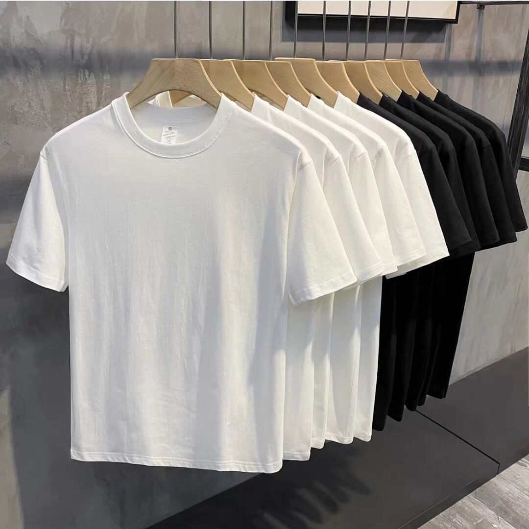 heavy black and white short sleeves t-shirt 200g combed cotton 2024 summer round neck solid color men‘s and women‘s same bottoming shirt top