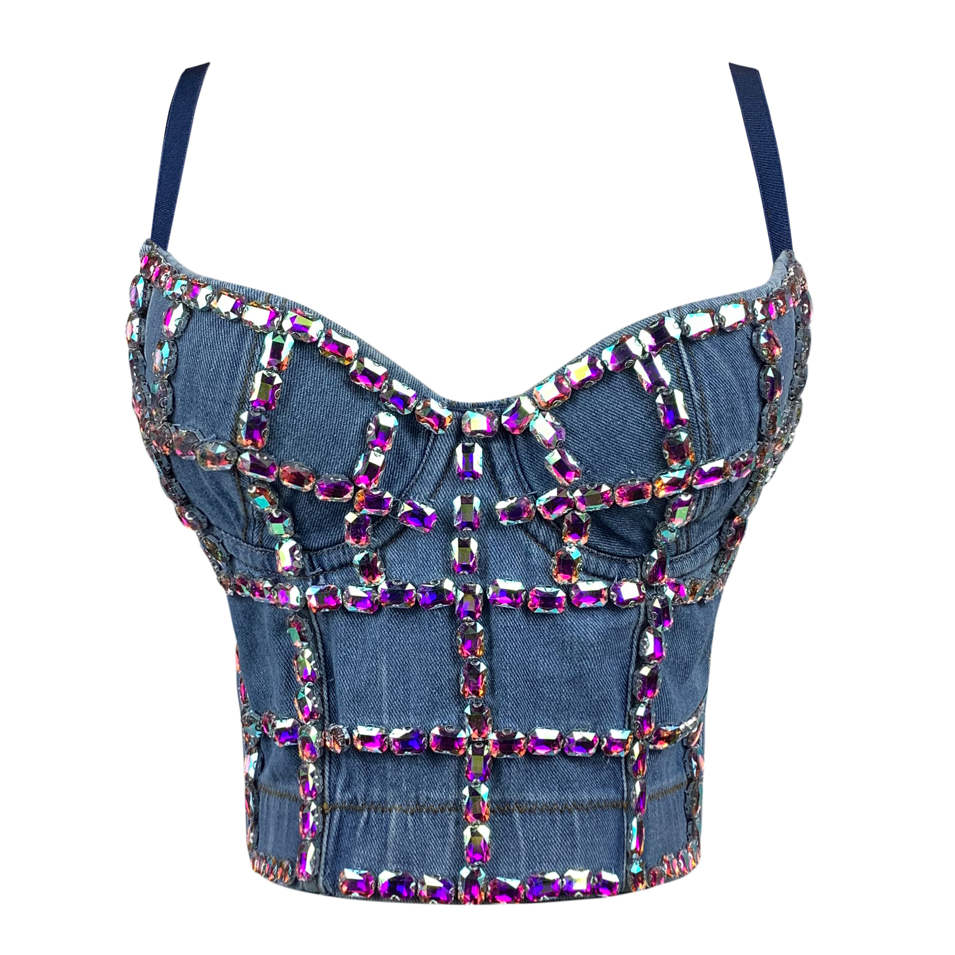 牛仔鱼骨吊带抹胸镶钻可外穿上衣欧美时尚鱼骨胸衣批发可拆卸肩带