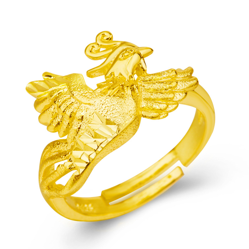 饰品黄铜镀金金凤凰开口戒指女 复古婚庆饰品车花女戒指