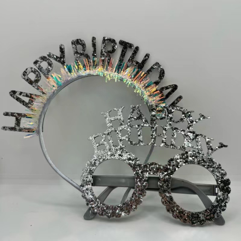 New Birthday Party Glitter Gold Silk English Letter Headband Glasses Set Party Decoration Supplies