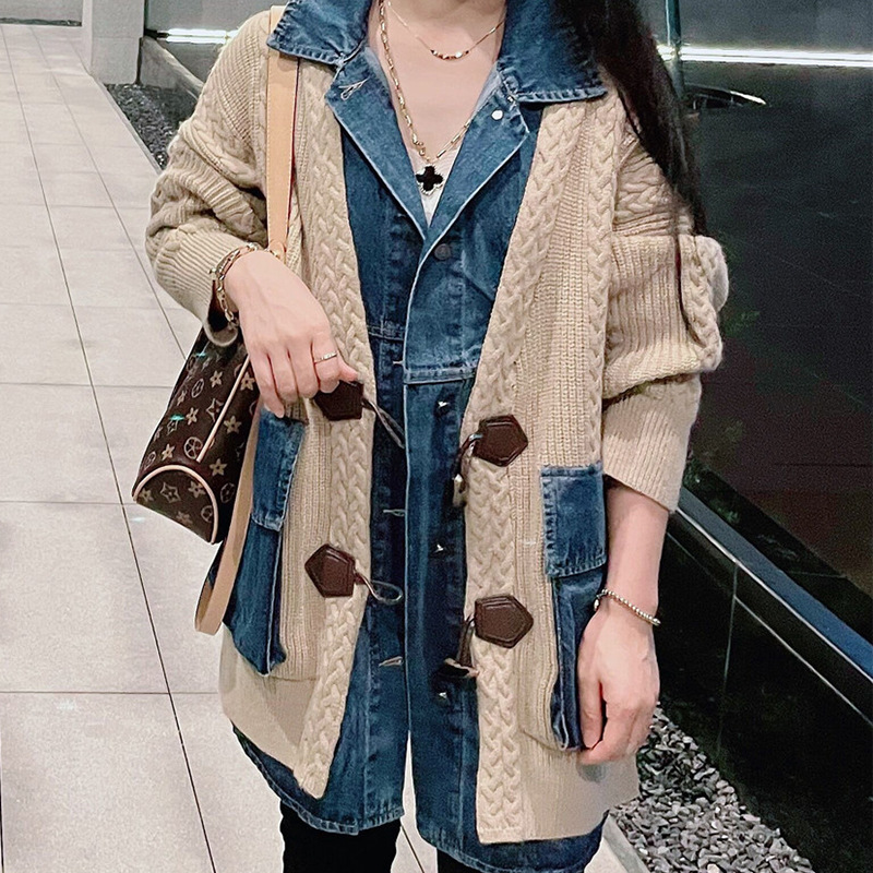 秋冬2021厚款卡其毛衣拼接牛仔针织长袖重工通勤百搭翻领长外套女