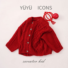 韩版新年儿童套头毛衣森系圣诞冬款男女宝麻花纹红色年款针织开衫