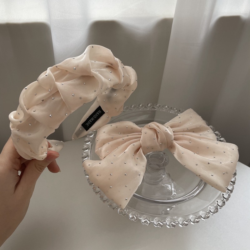 Korean Style Elegant Elegant Diamond Satin Bow Barrettes Spring Clip Pleated Headband Hair Band Women