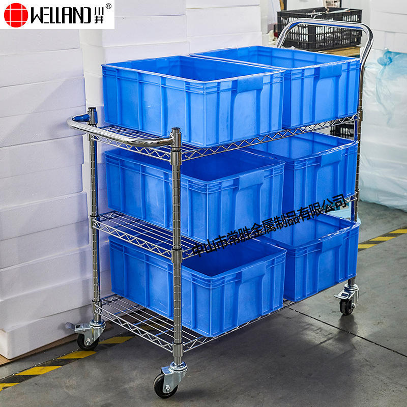 热销仓库工具物料周转车三层物流推车工厂防静电线网镀铬手推车