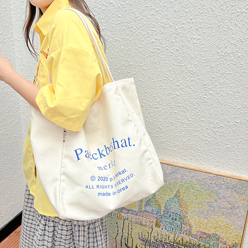 Large Capacity Canvas Women's Bag 2022 New Korean Style Fashionable Simple Shoulder Bag Letter Printed Literary Tote Bag