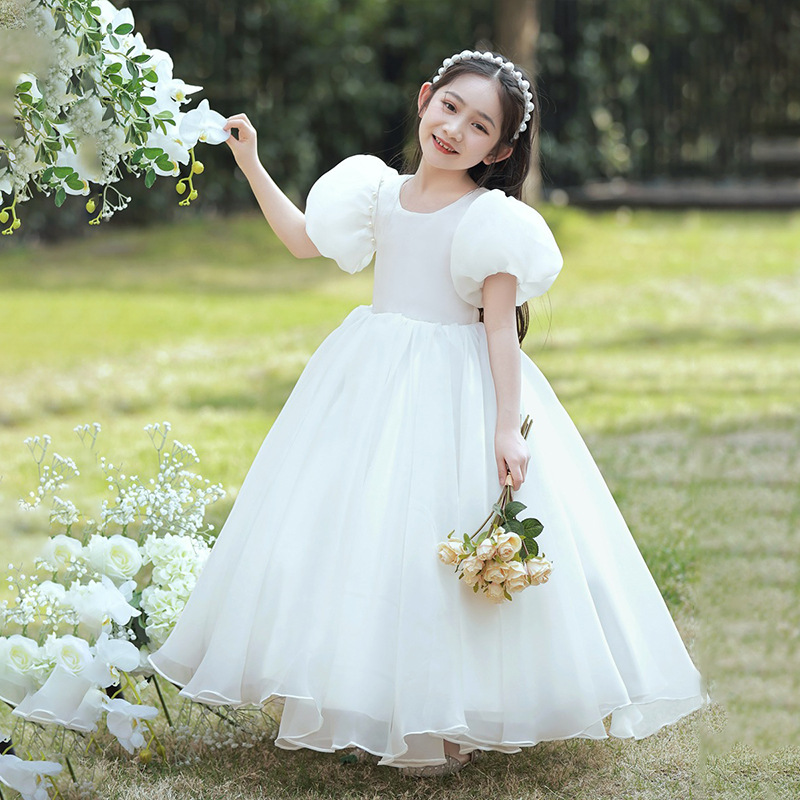 白色女童公主裙洋气婚纱儿童礼服走秀花童婚礼小女孩钢琴演出服夏