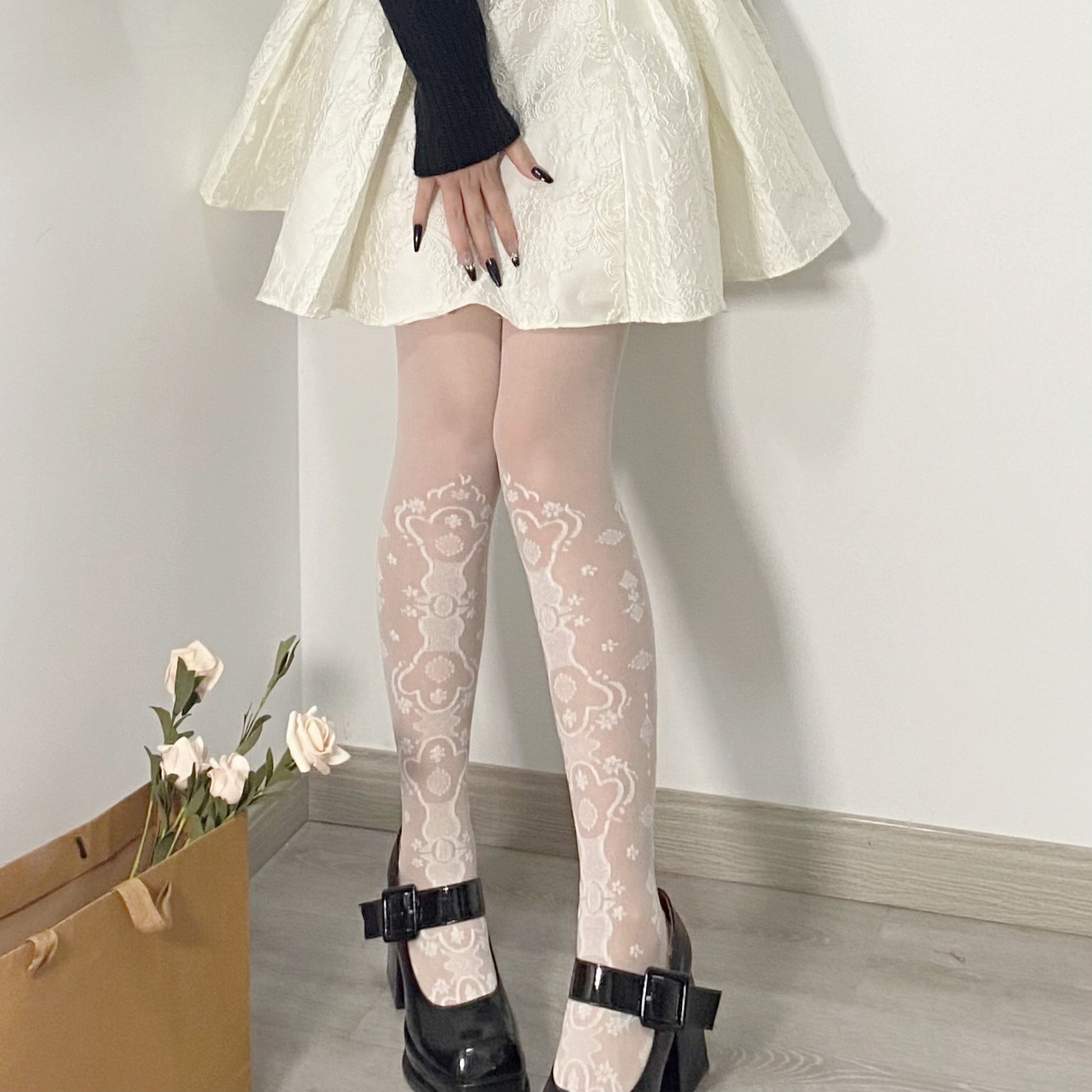 春夏唯美维纳斯提花宫廷图腾花纹纯欲风仙女白色小腿丝袜连裤袜