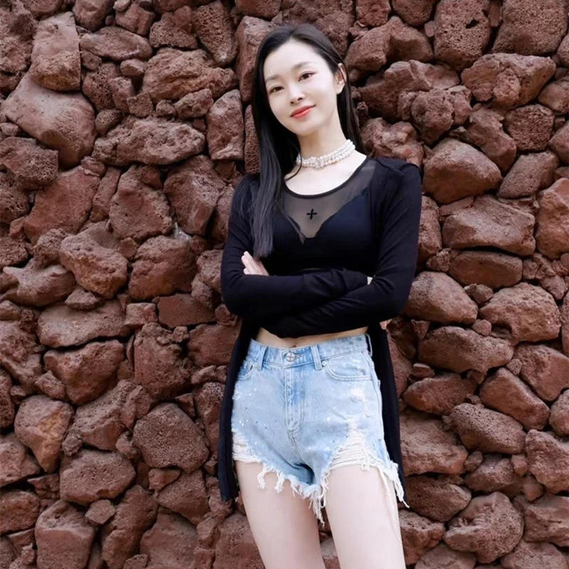 smfk十字花手绘牛仔短裤宋轶同款女泼墨毛须高腰显瘦百搭牛仔短裤