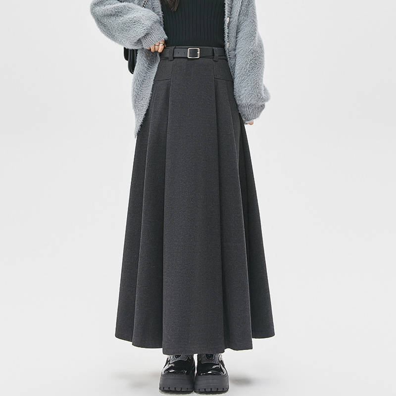格雷系穿搭灰色加绒加厚毛呢百褶半身裙女秋冬a字长裙子半裙伞裙