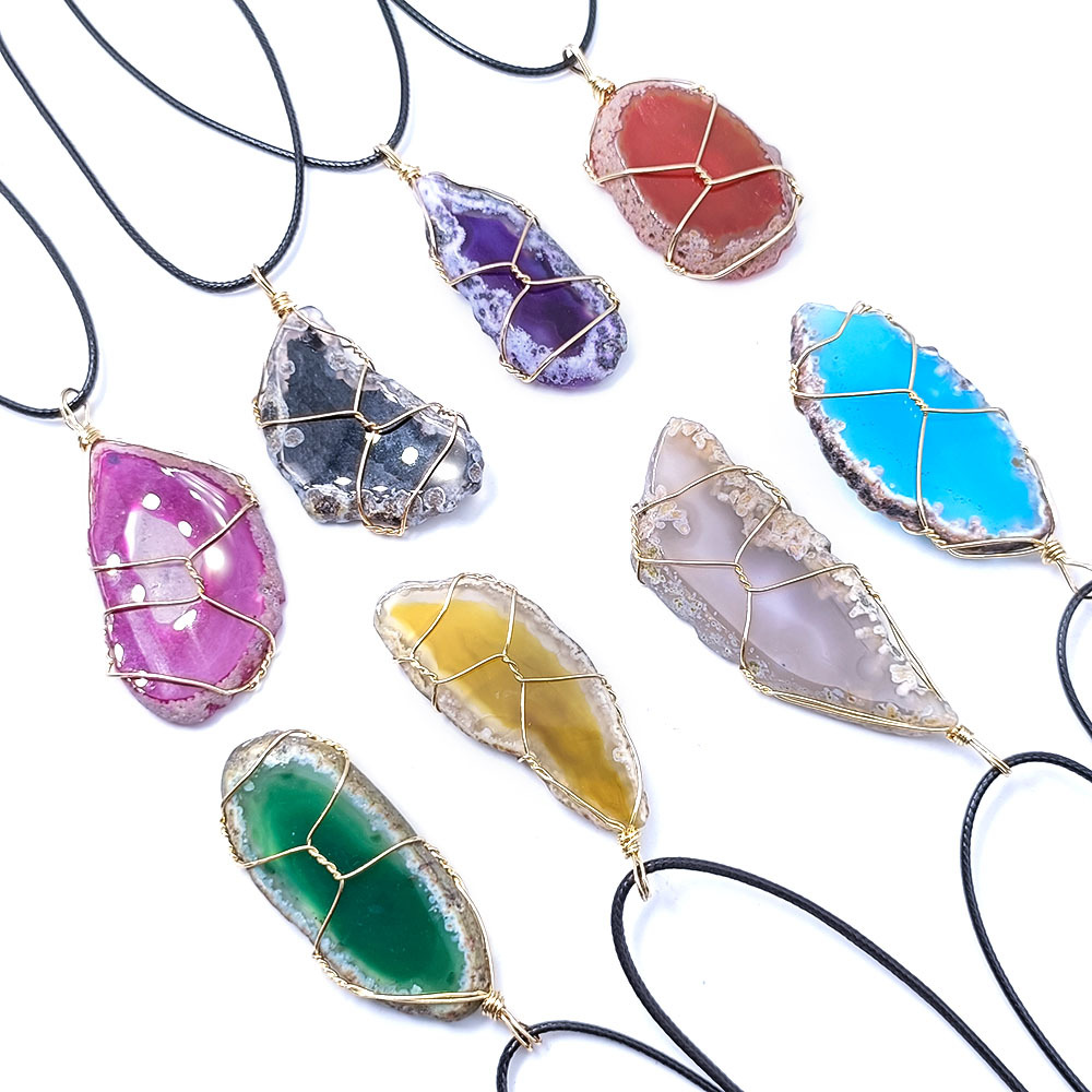 Natural Stone Natural Agate Multi-Color Winding Pendant Irregular Agate Slices Winding Silk Ornaments Colorful Ornament Wholesale