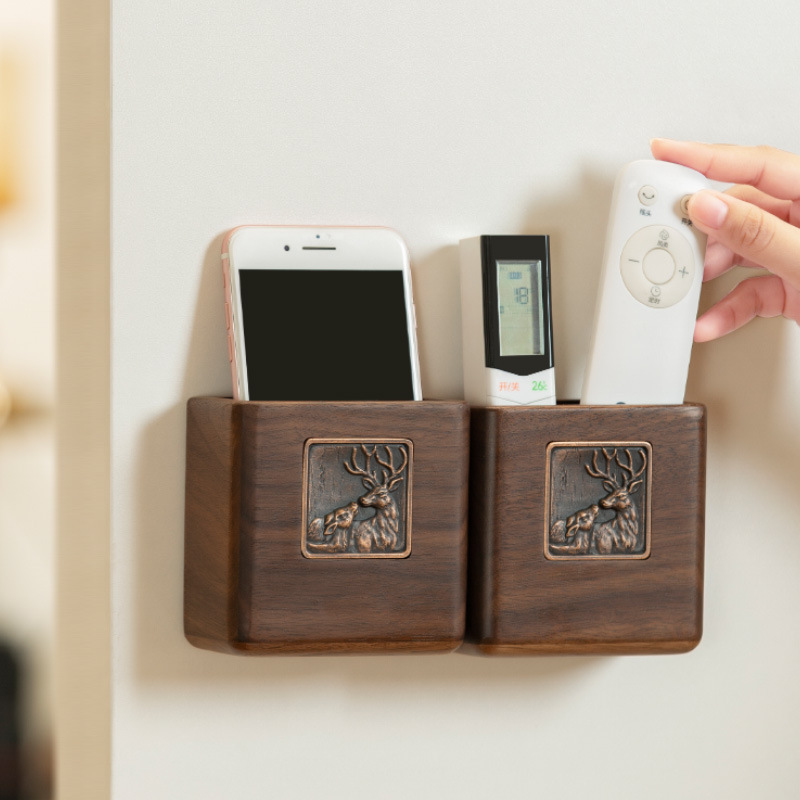 空调电视遥控器收纳盒墙壁挂盒床头手机收纳置物架胡桃木实木挂架