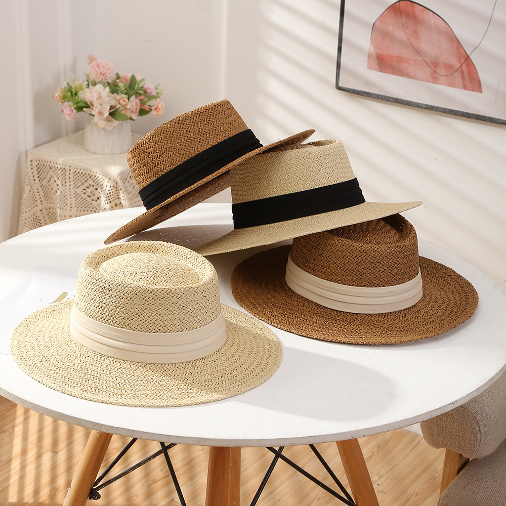 French Straw Hat Women's Fashion Sun Protection Hat Artistic Beach Weaving Sun Hat Summer Flat Top Big Brim Hat Wholesale