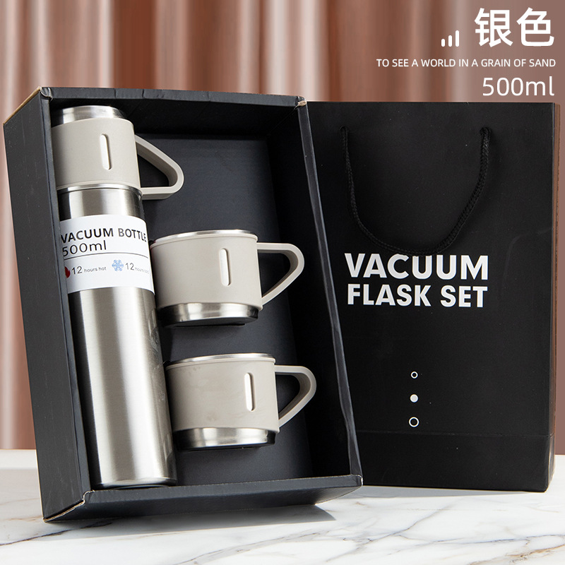 One Piece Dropshipping Simple Stainless Steel Vacuum Cup Double Layer Vacuum Portable Water Cup One Cup Three Lid Gift Pot Sets