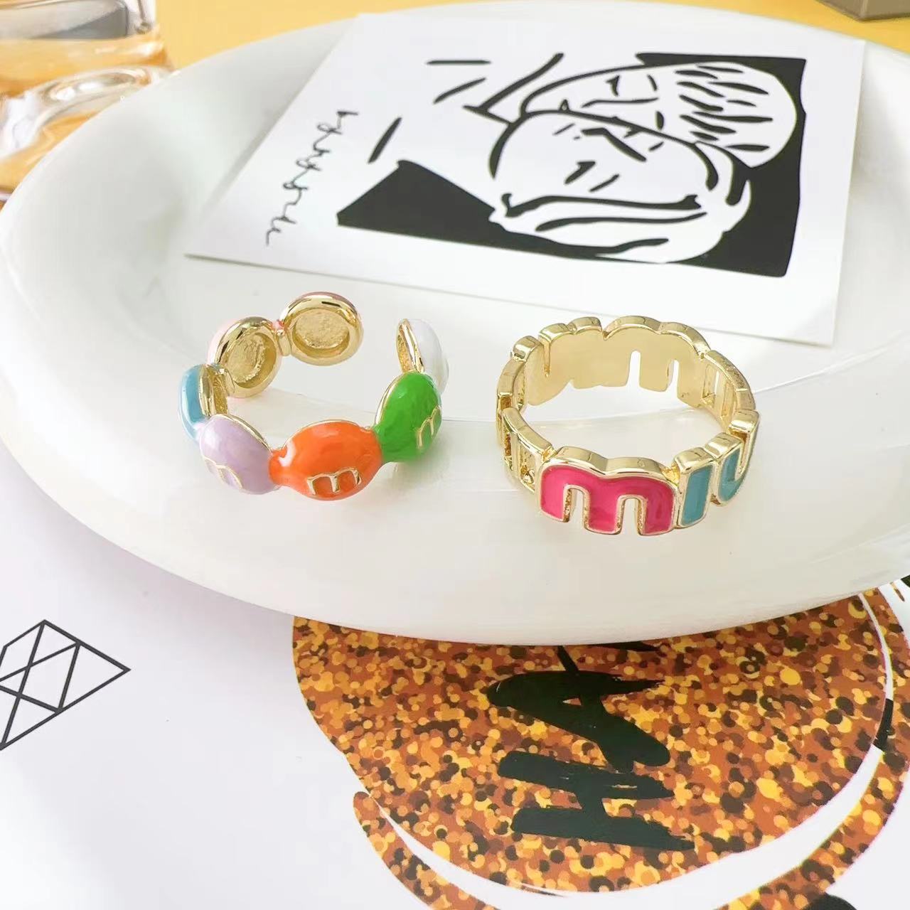 Colored Drip Glaze Letters Ring Women's High Sense Opening Adjustable Index Finger Ring Fashion Personality All-Match Earrings Little Finger Ring