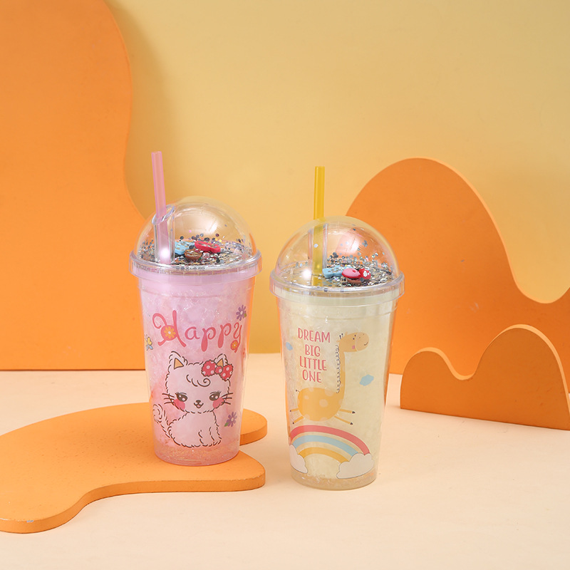 Summer Creative Cartoon Pattern Crushed Ice Cup Cute Design Cup with Straw Portable Double Layer Plastic Drink Cup Wholesale