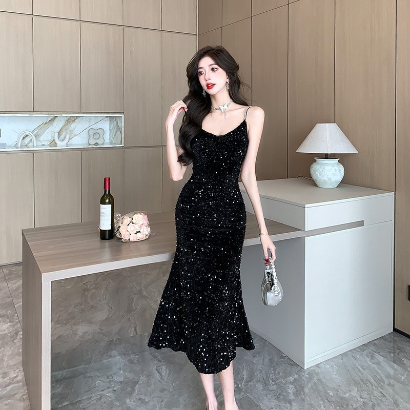 高品质韩版春季新款亮片吊带裙设计感手工钻链中长款鱼尾裙宴会裙