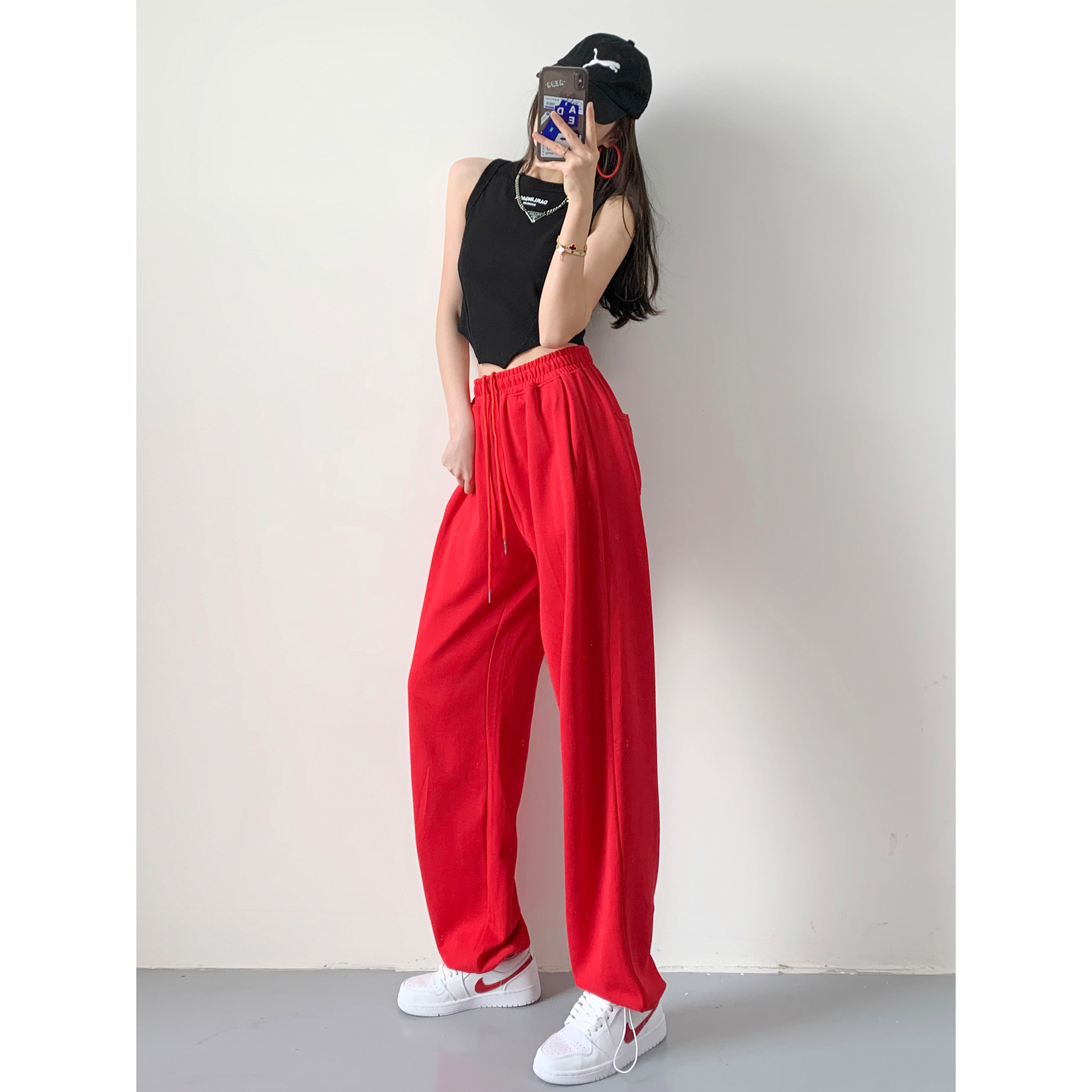 ins潮街头辣妹宽松红色运动裤女显瘦抽绳卫裤春夏爵士街舞束脚裤