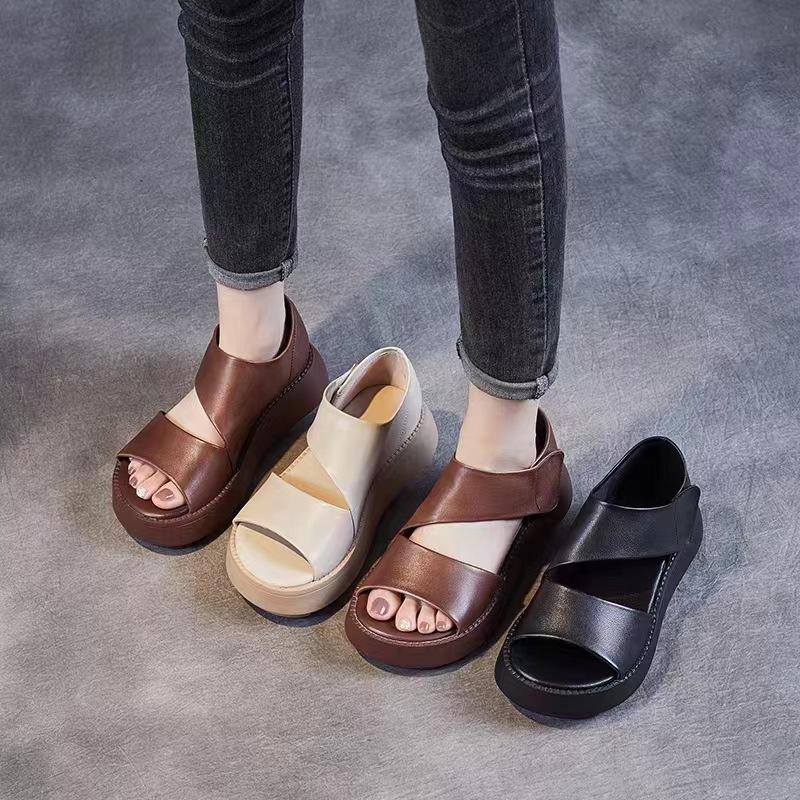 Retro Platform Sandals for Women Summer Fashion New Velcro Soft Bottom Middle Heel Wedge Casual Roman Sandals