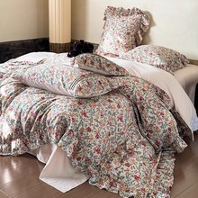 1法式风60支全棉水洗棉四件套浪漫印花荷叶花边被套纯棉床上用品