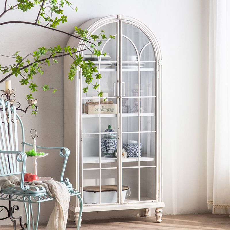 法式拱形书柜实木落地复古书架玻璃展示柜带门白色防尘墙边置物柜