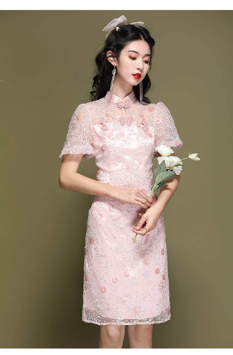 夏季新款国潮女改良年轻少女旗袍蕾丝刺绣粉色短款连衣裙220198