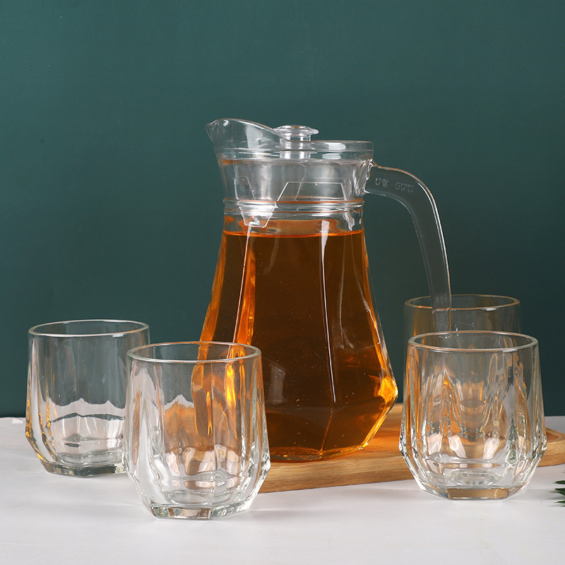 Household Hexagonal Glass Cold Water Pot Set Water Pitcher Water Cup Set Glass Kettle Duckbill Pot Juice Jug Gift