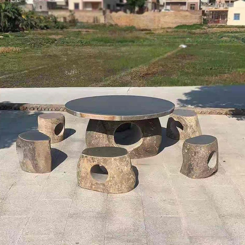 鹅卵石园林艺术石桌户外庭院天然石桌椅特色景观原石茶台石桌石凳