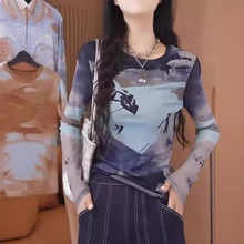复古印花网纱长袖T恤女2025新款洋气减龄时尚百搭内搭打底衫上衣