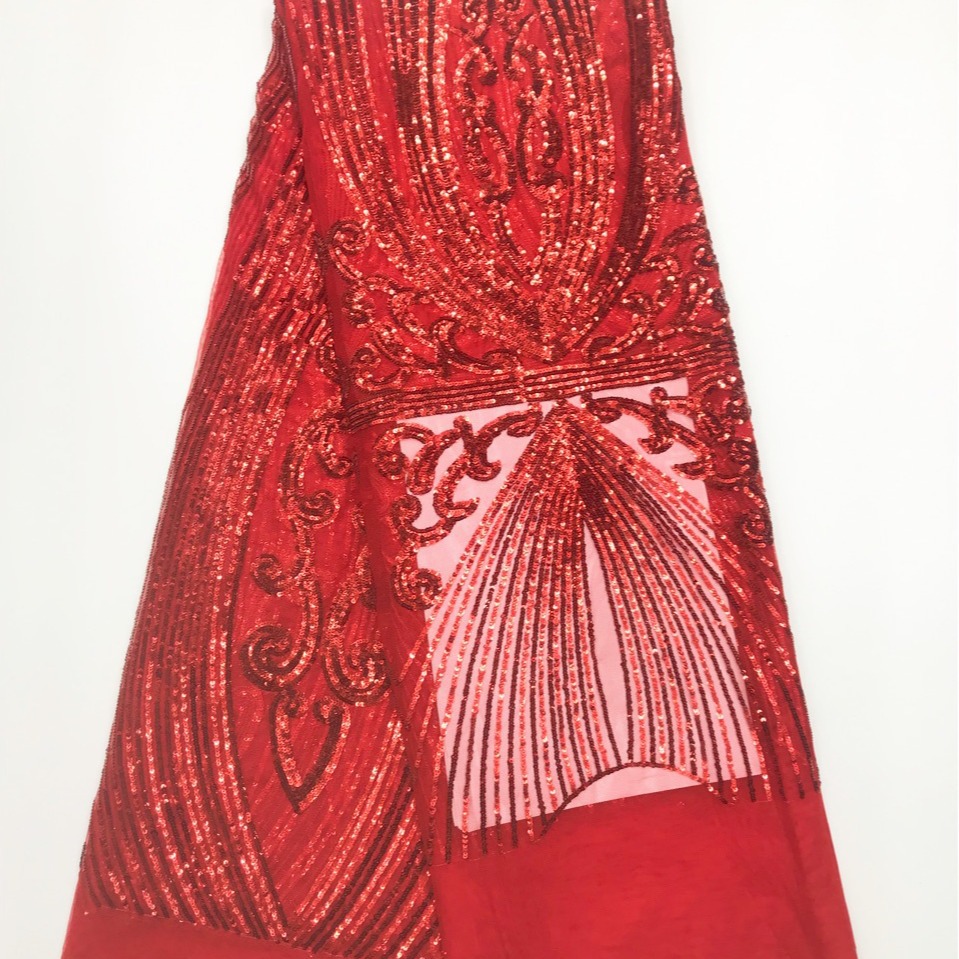 欧美大红色高定花大红色亮片网布绣花面料 适用diy连衣裙礼服辅料