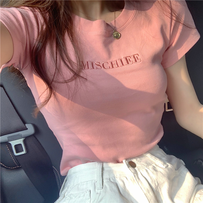 2024夏季新款潮流刺绣字母短袖T恤女chic港味粉色设计感小众上衣