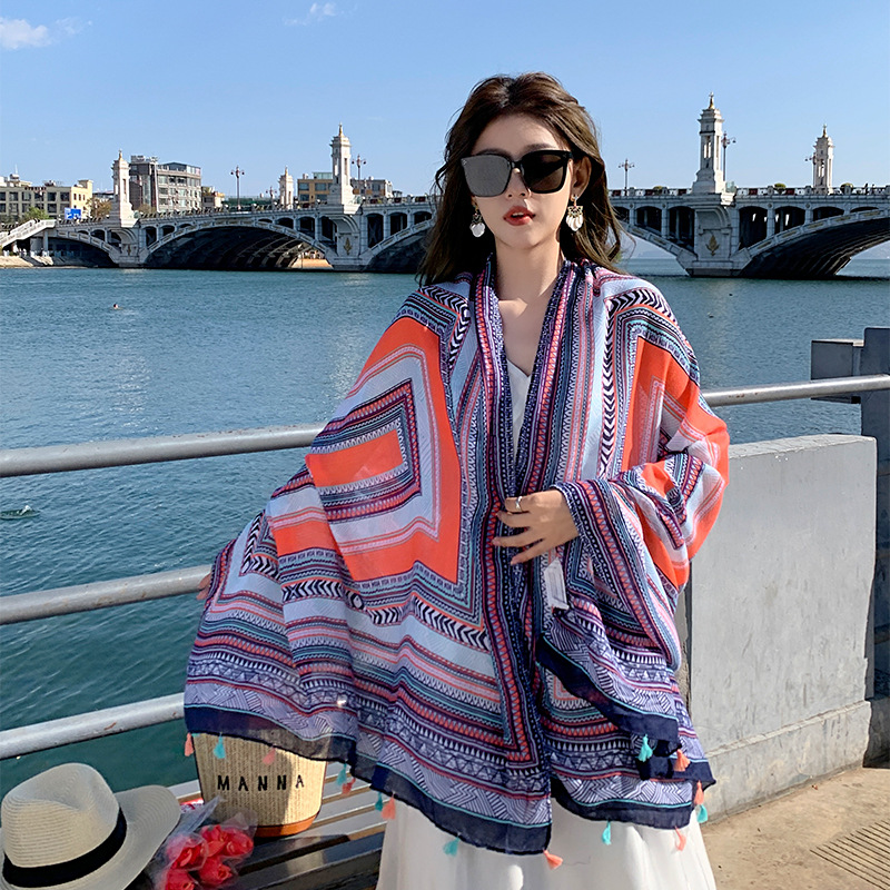 Retro Spectrum Color Matching Travel Sun Protection Silk Scarf Women's Summer Ethnic Style Scarf Outer Wear Long Thin Seaside Shawl